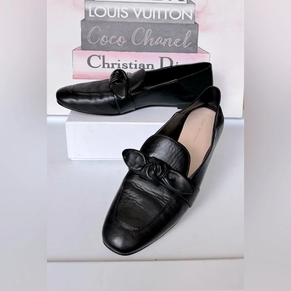 Stuart Weitzman Bandeau Leather Flat Loafers Short Heel in Black Size 9